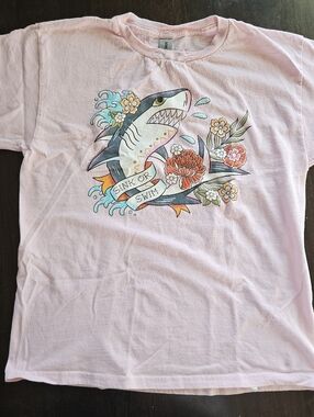 Gildan Pink Kids Tee with Shark & Floral Graphic